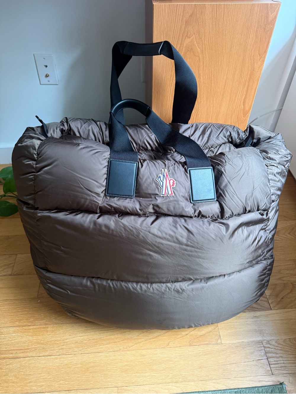 Moncler Brown Quilted Puffer Duffel with Black Straps